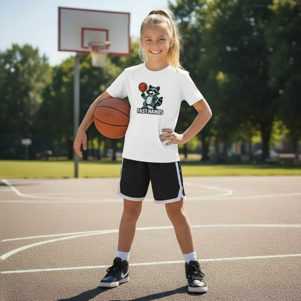 Fast Hands Basketball Kids T-Shirt – Bio Baumwolle, witziges Waschbär-Design