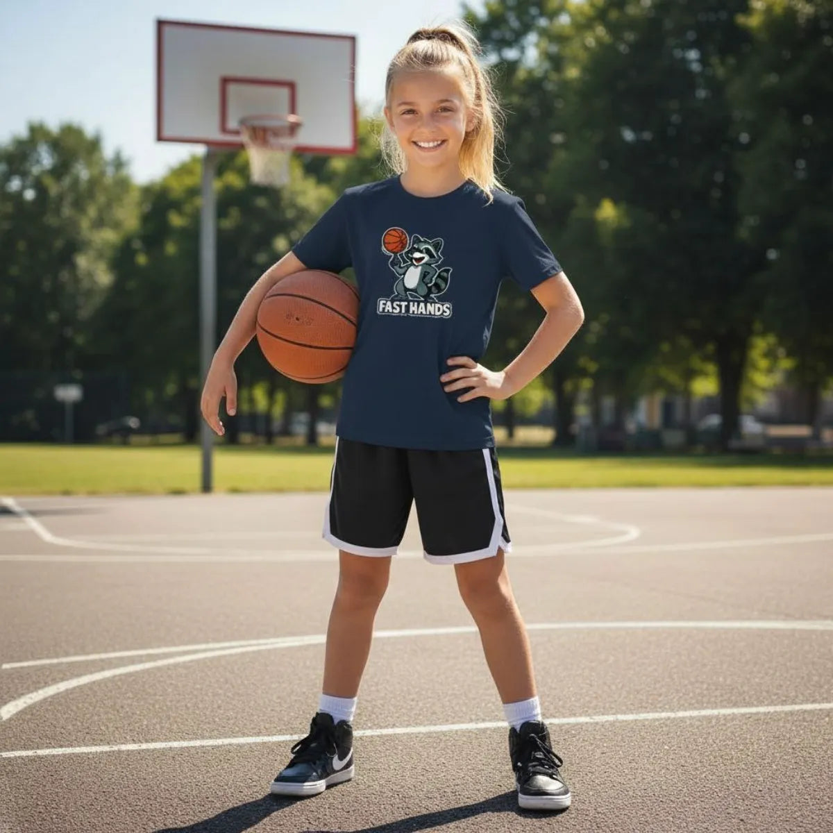 Fast Hands Basketball Kids T-Shirt – Bio Baumwolle, witziges Waschbär-Design