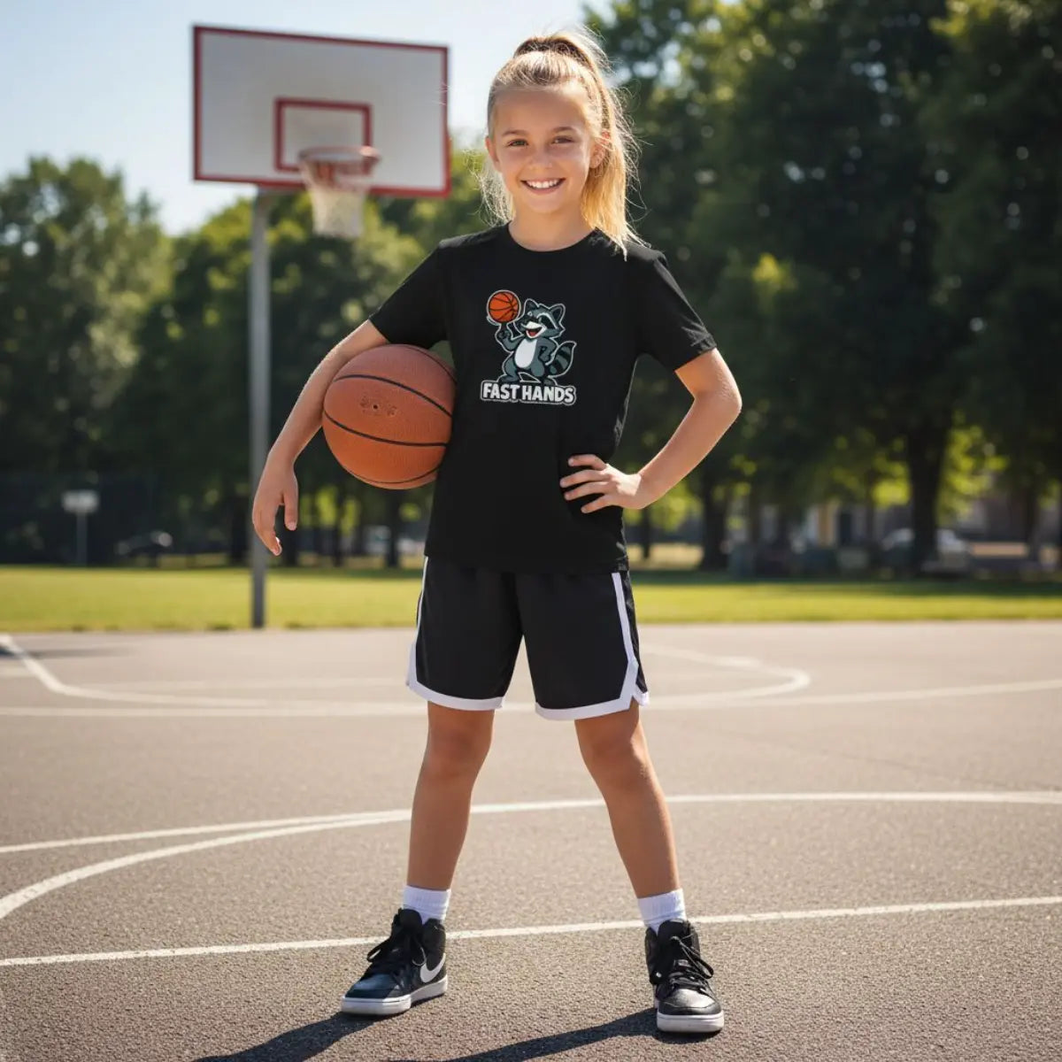 Fast Hands Basketball Kids T-Shirt – Bio Baumwolle, witziges Waschbär-Design