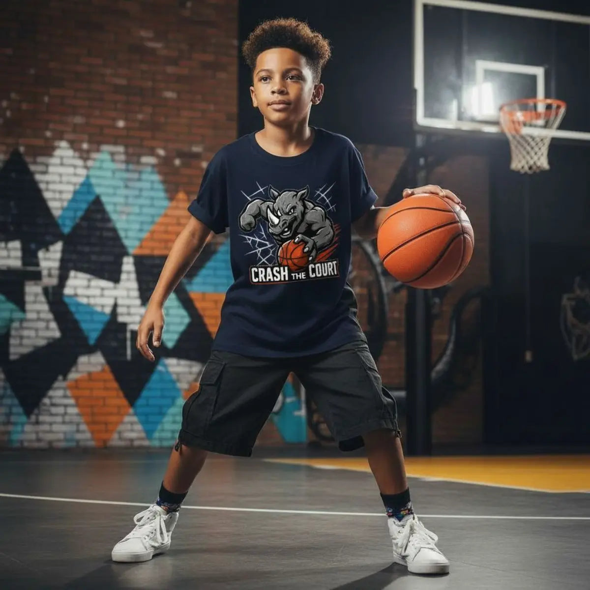 Crash the Court Basketball T-Shirt – Rhino Design, Bio Baumwolle