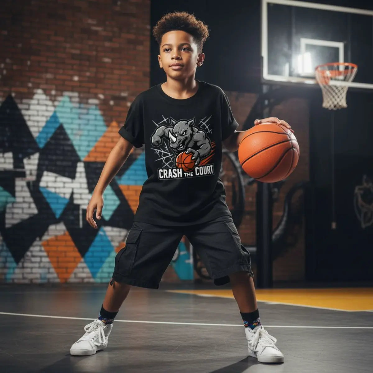 Crash the Court Basketball T-Shirt – Rhino Design, Bio Baumwolle