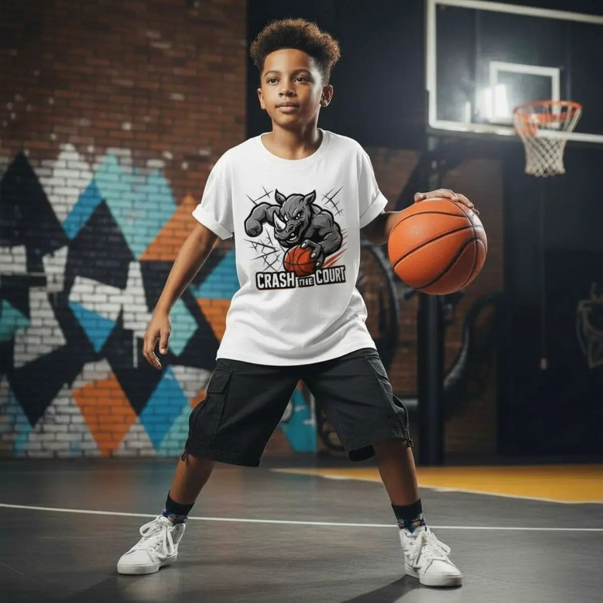 Crash the Court Basketball T-Shirt – Rhino Design, Bio Baumwolle